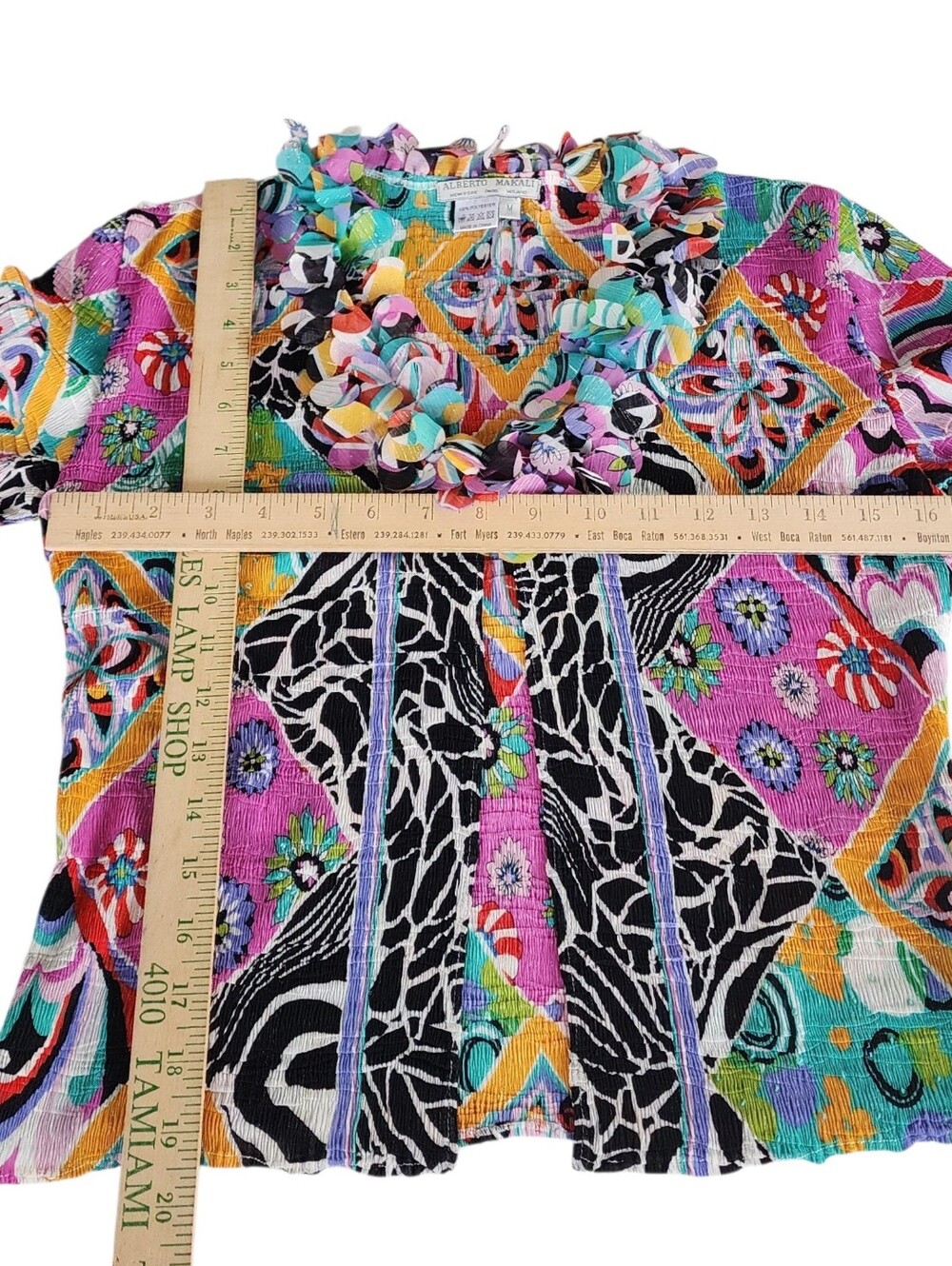 Alberto Makali Pink Teal Multi-Color Ruffle-Trim Button Down Top - Picture 7 of 8